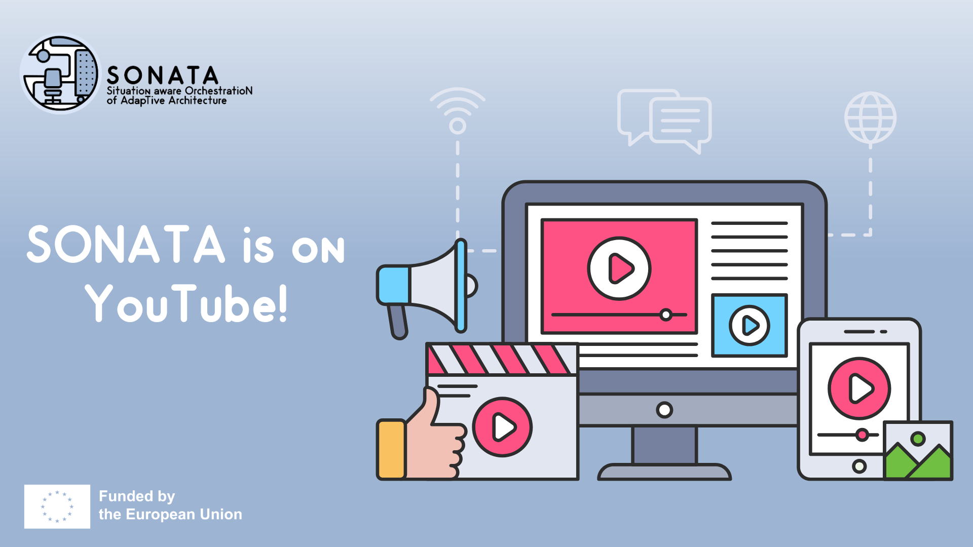 Illustration promoting SONATA on YouTube features a desktop and smartphone displaying video content. Accompanied by digital icons and EU funding logo.