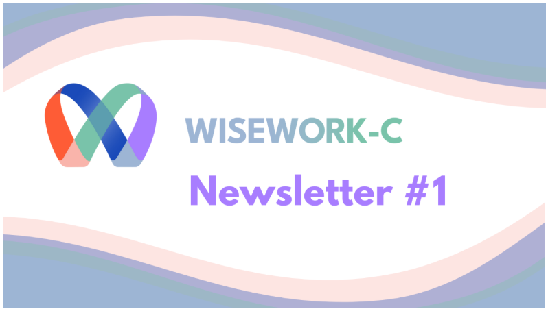Colorful interconnected loops logo, text 'WISEWORK-C Newsletter #1' on a white background with wavy pastel borders.