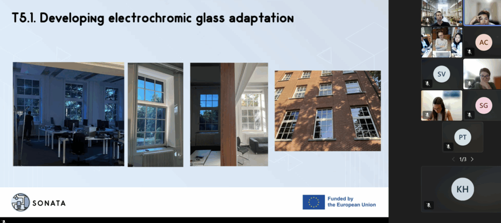 Presentation slide titled 'T5.1 Developing electrochromic glass adaptation' featuring four images: indoor settings with blue-tinted windows, a close-up of a window, and an exterior building view. A video call with participants is visible on the right. Funded by the European Union.
