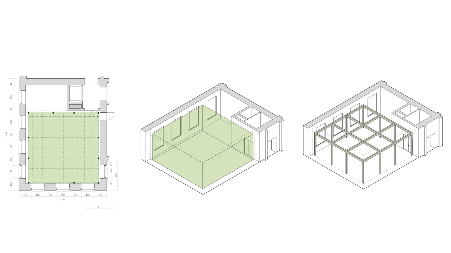 Floor plan and two isometric views of a room in a green hue. Left shows layout, middle highlights walls, right displays structural framework.