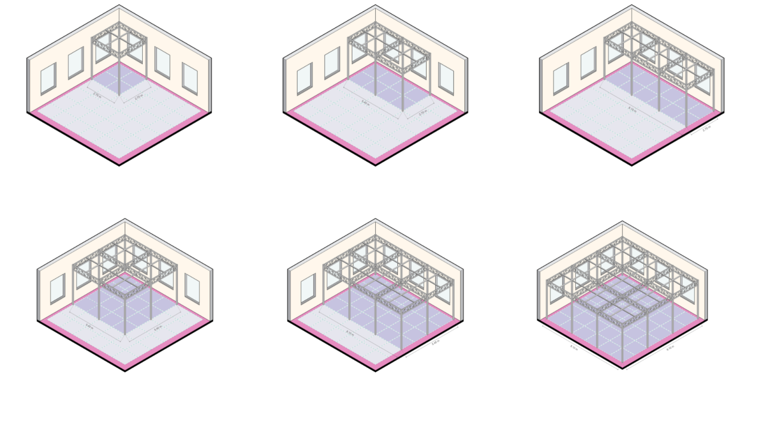 Six illustrations depict various truss layouts in a room with three walls and windows. Each configuration shows different truss designs.