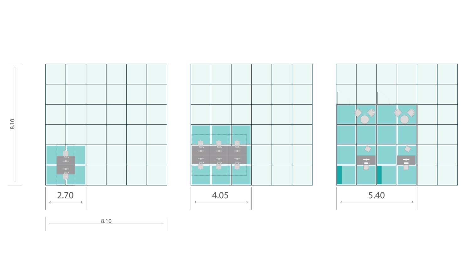 Three side-by-side grids depict room layouts with furniture arrangements, showing dimensions 2.70, 4.05, and 5.40.