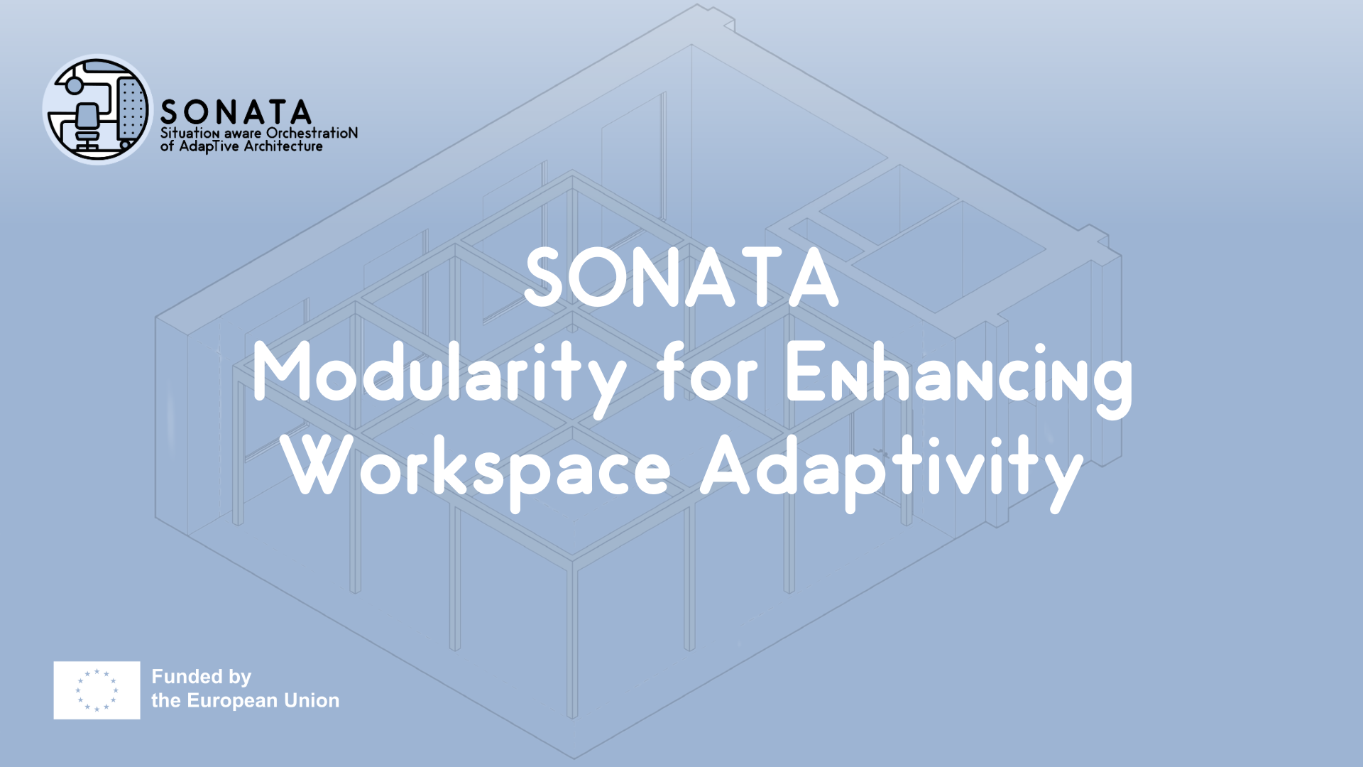 SONATA Modularity Article Blueprint background with text "SONATA: Modularity for Enhancing Workspace Adaptivity" and logo. European Union funding acknowledgment.