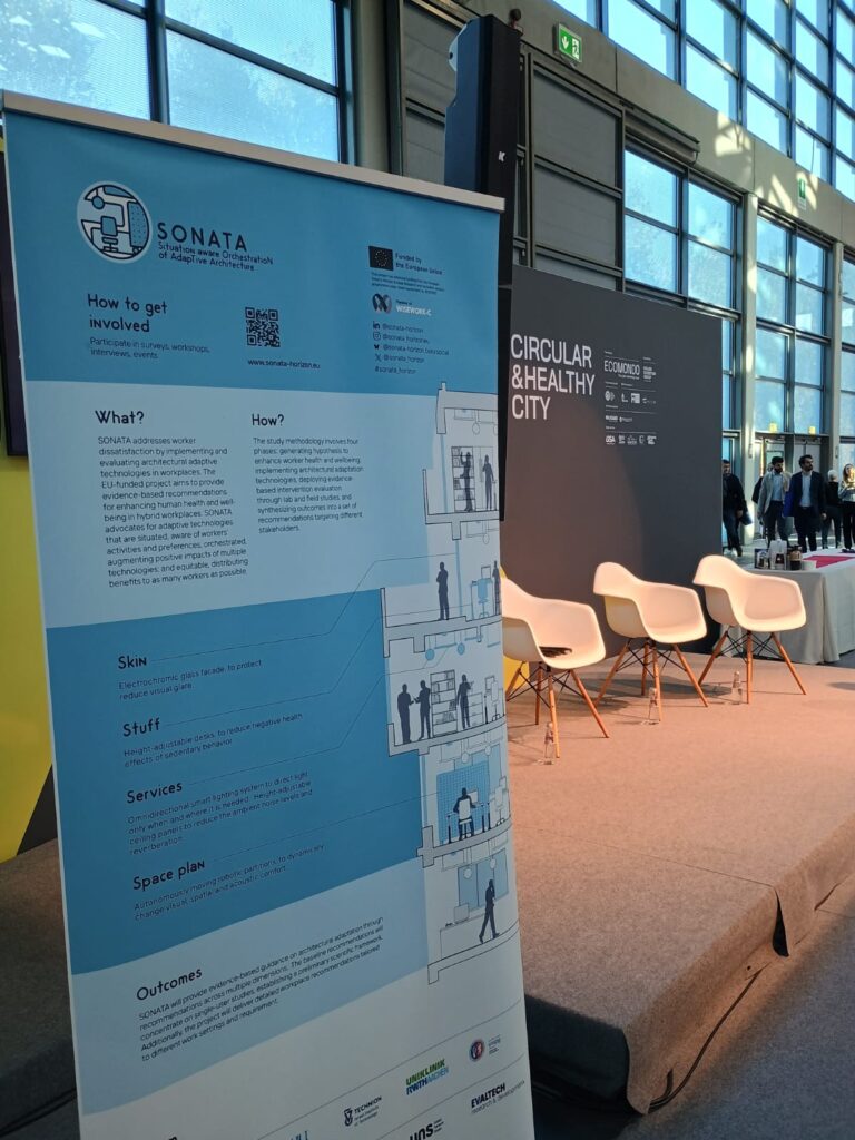 Banner with information about the "SONATA" project stands in a conference hall. Nearby, three white chairs on a stage under "Circular & Healthy City" sign.